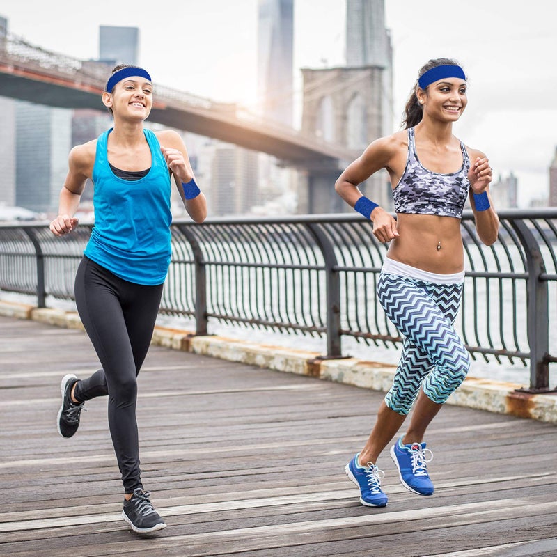 Bememo Striped Sweatbands Set - 2 Sports Headbands and 4 Wristbands for Men and Women (Blue, 6 Pieces) - Image 4